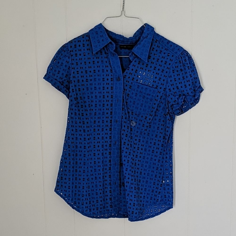 New York & Company Blue Mesh Button Up